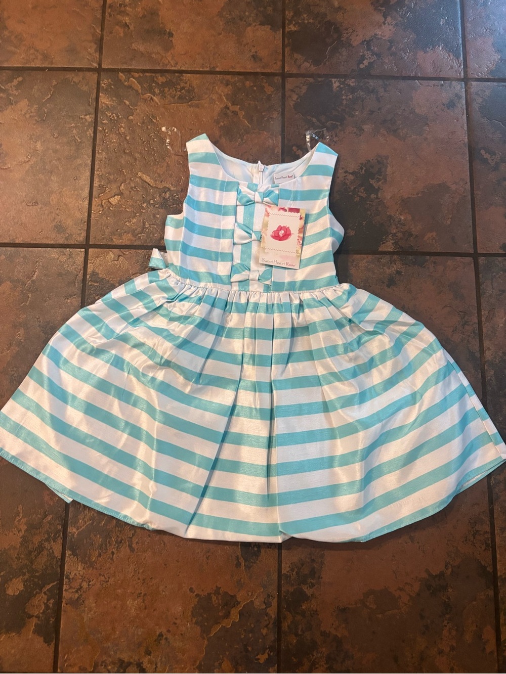 🩵💙Sweet Heart Rose Aqua & White Striped Girls' Party Dress